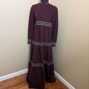 Julie Turo Brown Maxi Dress Blue Trim Prairie Zip Front Long Sleeve USA